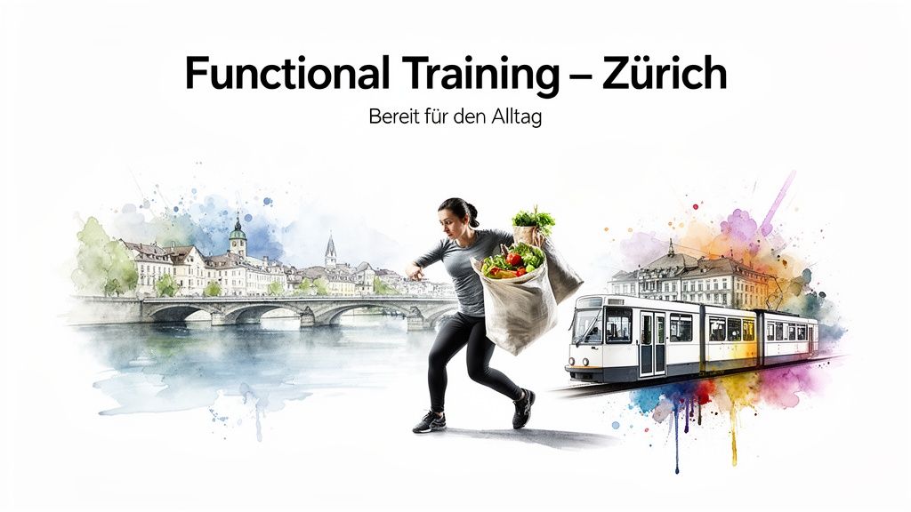 Frau trägt Einkaufstaschen in Zürich, symbolisiert funktionelles Training für den Alltag.