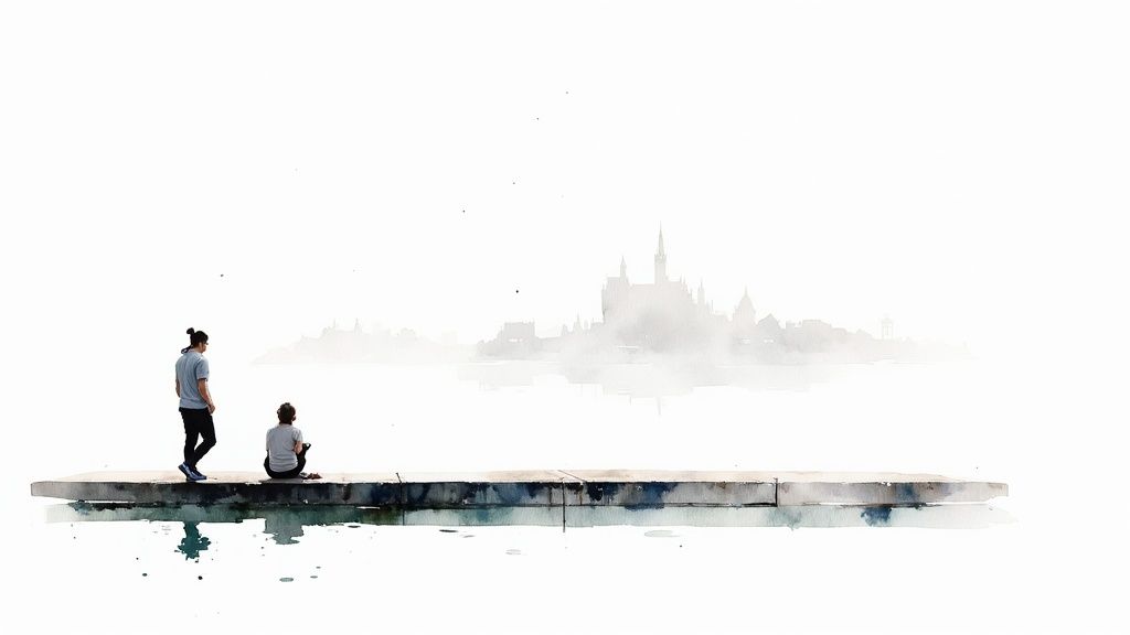 Minimalistisches Aquarell zweier Personen auf einem Steg, mit nebliger Stadtsilhouette und Wasserspiegelung.