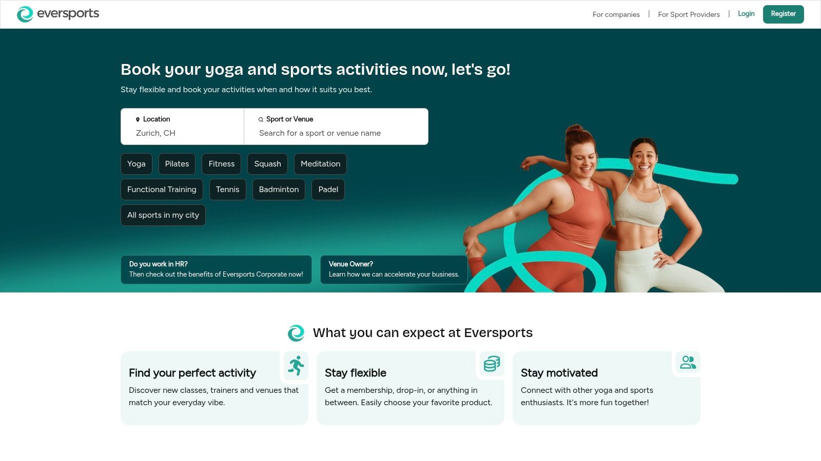 Die Eversports App zeigt verschiedene Sportkurse auf einer Karte an