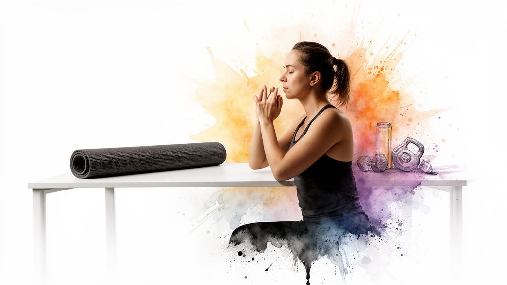 Eine Frau meditiert oder praktiziert Yoga am Tisch neben einer Yogamatte und Fitness-Skizzen.