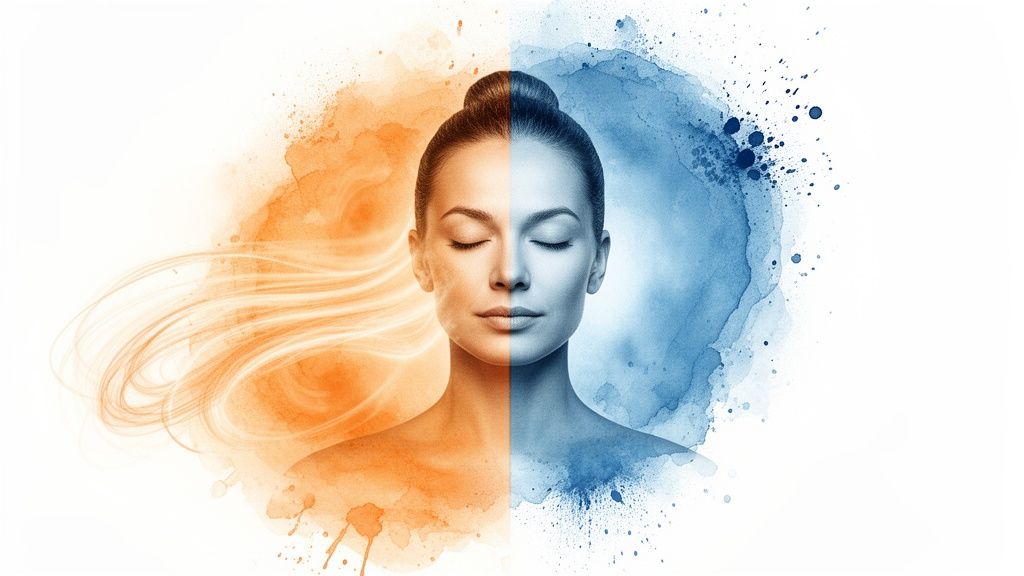 Porträt einer Frau, aufgeteilt in warme orange und kühle blaue Seiten, symbolisiert Gegensätze und Balance.