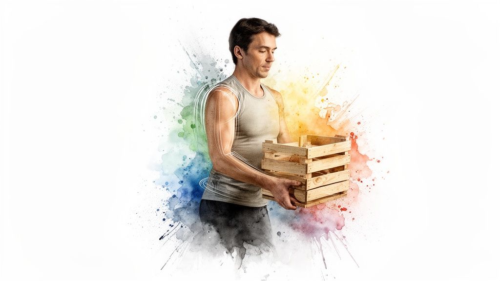 Mann in Tanktop hält Holzkiste vor farbigen Aquarellspritzern, die Beweglichkeit andeuten.