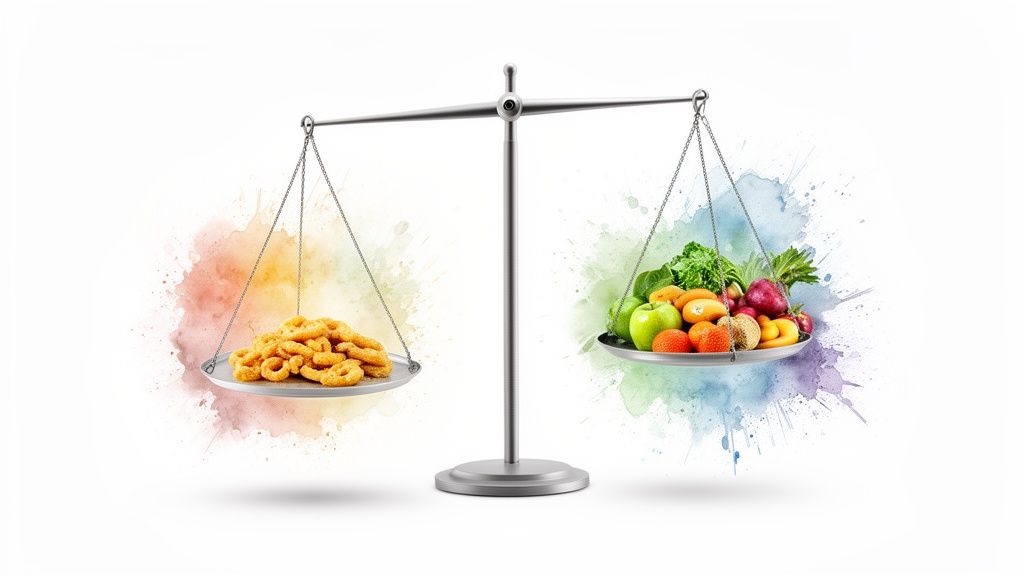 Eine Waage, die ungesunde Snacks mit einer Fülle von frischem Obst und Gemüse vergleicht.