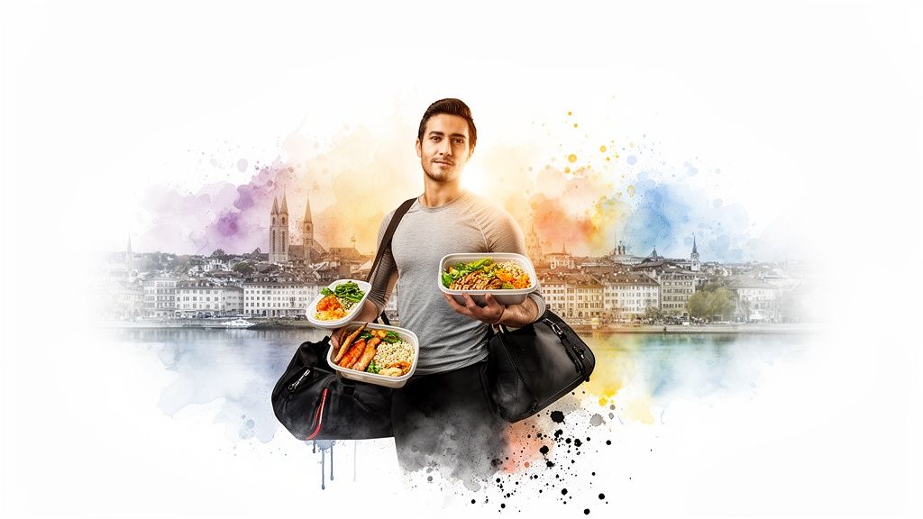 Ein sportlicher Mann hält gesunde Mahlzeiten in Boxen und Sporttaschen vor einer farbigen Stadtsilhouette.