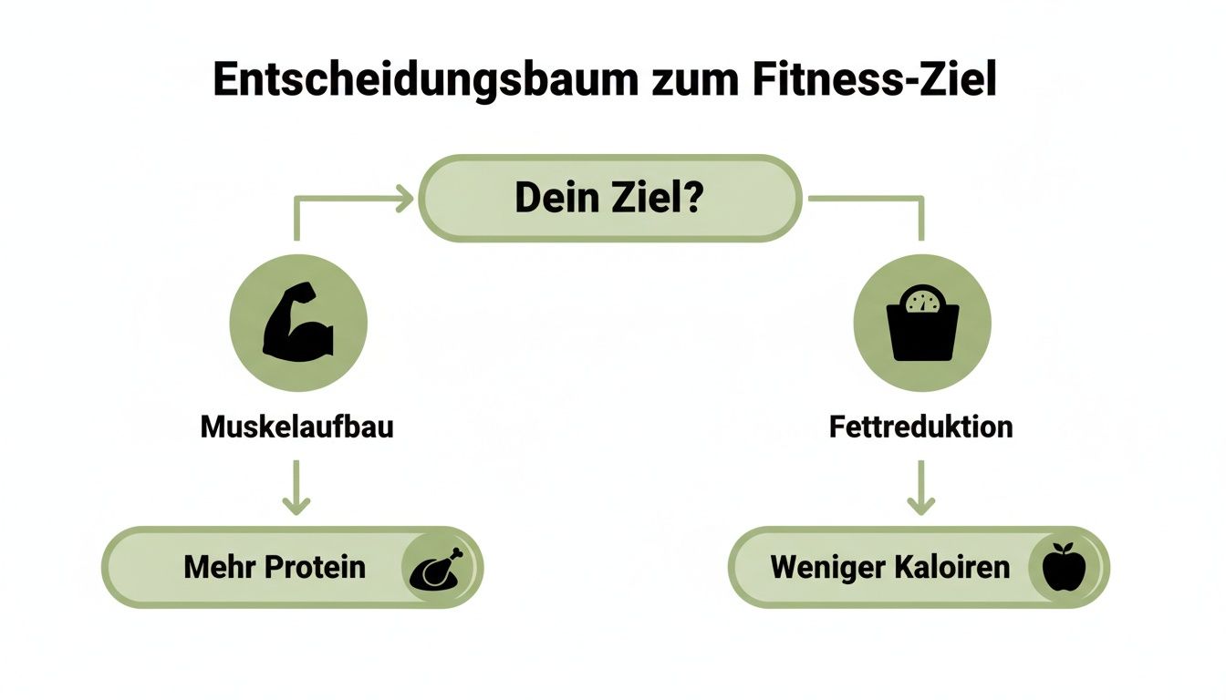 Entscheidungsbaum für Fitnessziele: Muskelaufbau mit mehr Protein, Fettreduktion mit weniger Kalorien.