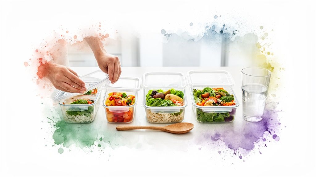 Person bereitet gesunde Mahlzeiten in mehreren Vorratsbehältern für Meal Prep vor, mit Wasser und Löffel.