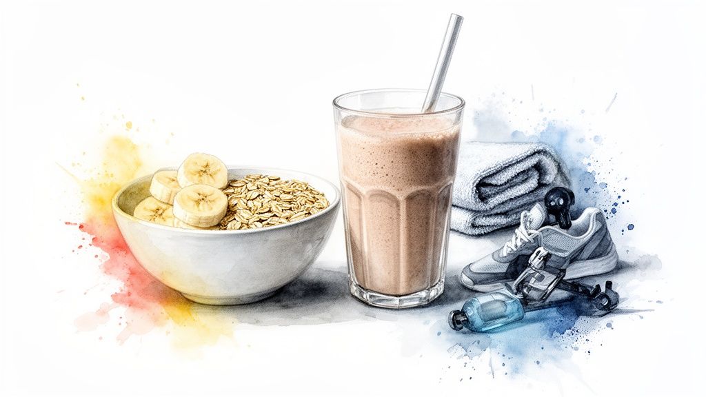 Eine Schale Haferflocken mit Banane, ein Smoothie und Fitnessausrüstung wie Sportschuh und Handtuch.