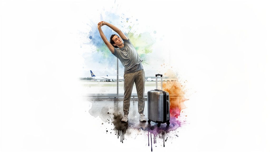 Junger Mann dehnt sich im Aquarell-Stil an einem Flughafen neben einem Koffer.