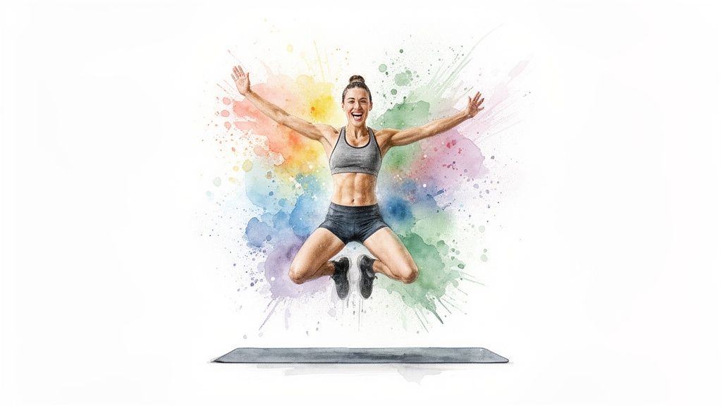 Lachende Frau in Sportkleidung springt energiegeladen über einer Yogamatte mit bunten Farbspritzern.