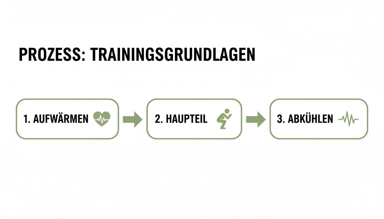 Flussdiagramm der Trainingsgrundlagen: Aufwärmen, Hauptteil und Abkühlen mit entsprechenden Symbolen dargestellt.