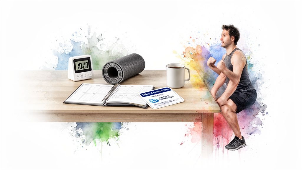 Mann macht Kniebeugen neben Schreibtisch mit digitaler Uhr, Yoga-Matte und Planer für Fitness-Routine.