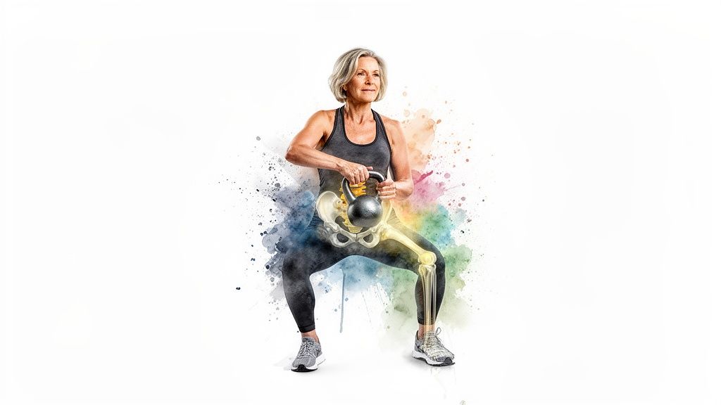 Ältere Frau macht Kniebeugen mit Kettlebell. Ihr Becken und Beinskelett sind sichtbar, umgeben von farbigen Spritzern.