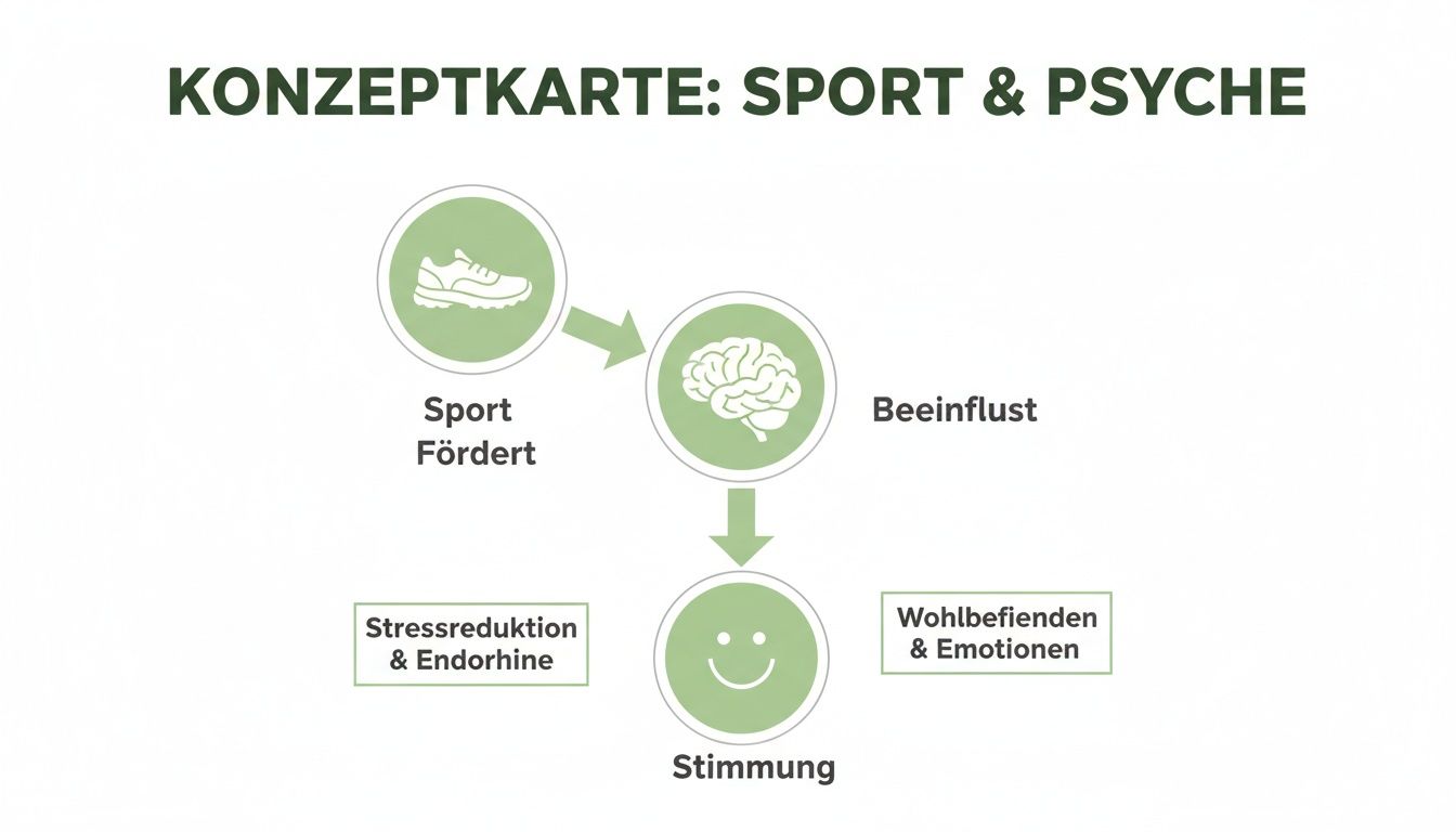 Konzeptkarte zeigt, wie Sport das Gehirn beeinflusst, was zu Stimmungsverbesserung, Stressreduktion und positiven Emotionen führt.
