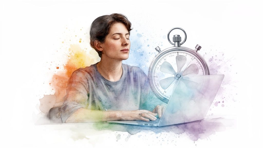 Eine Person mit geschlossenen Augen, die am Laptop meditiert, umgeben von Farbspritzern und einer Stoppuhr.