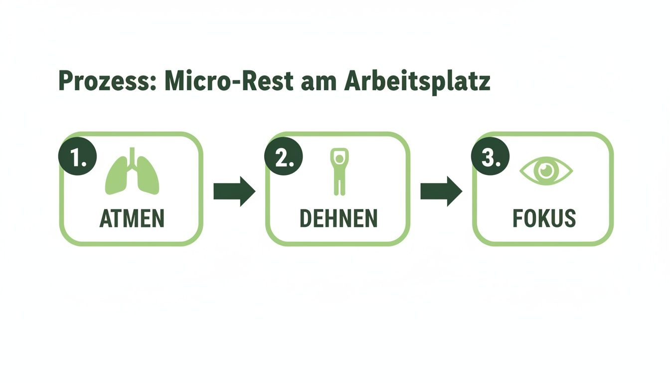 Infografik zum Prozess eines Mikro-Rests am Arbeitsplatz mit den Schritten Atmen, Dehnen und Fokus.