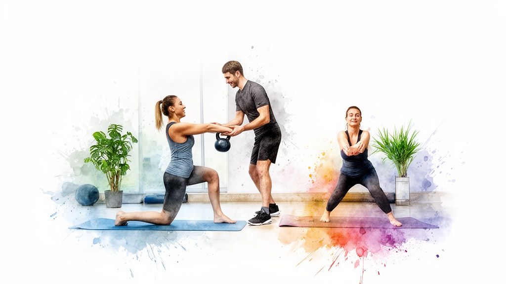 Drei Personen trainieren drinnen, ein Personal Trainer hilft einer Frau mit einer Kettlebell.