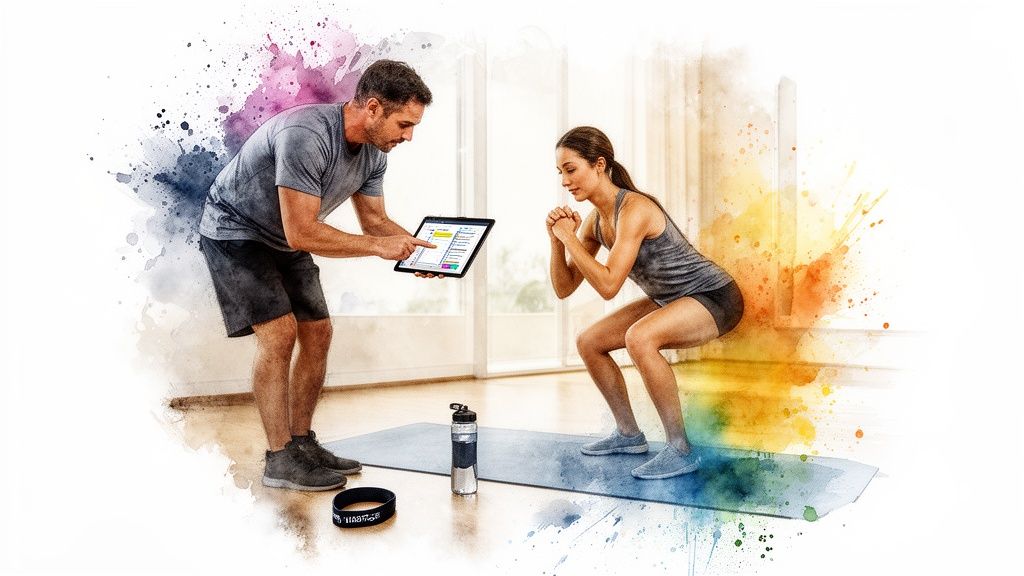 Ein Personal Trainer zeigt einer Frau auf einem Tablet Übungen während eines Squat-Trainings.