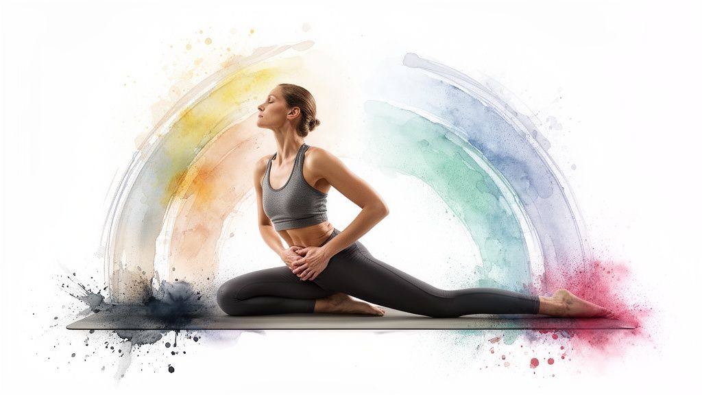 Eine Frau macht Yoga in einer Taubenhaltung auf einer Matte vor einem farbenfrohen Aquarell-Regenbogen.