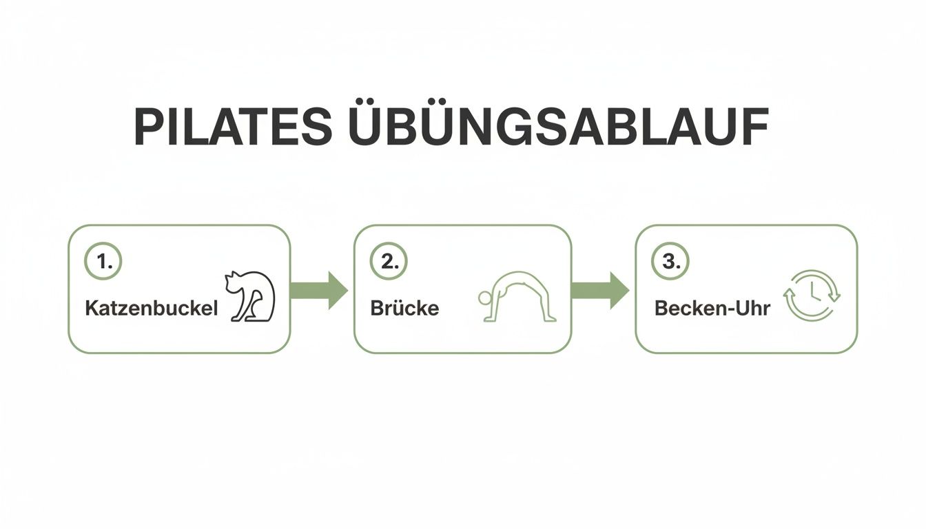 Pilates Übungsablauf mit drei Schritten: Katzenbuckel, Brücke und Becken-Uhr werden gezeigt.
