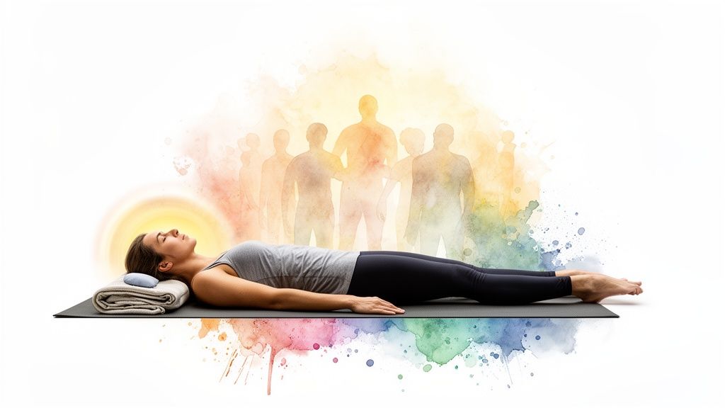 Eine Frau liegt entspannt auf einer Yogamatte, umgeben von einer farbigen Aura und menschlichen Silhouetten.