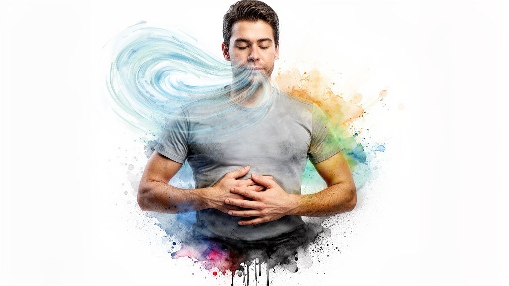Ein Mann atmet tief ein, umgeben von aquatischen und bunten Aquarell-Effekten, die Ruhe symbolisieren.