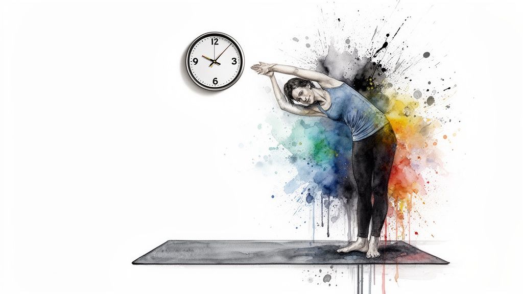 Frau dehnt sich auf Yogamatte, umgeben von bunten Aquarellfarben, neben einer Uhr.
